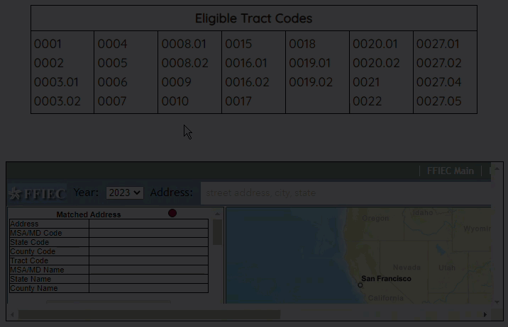 Animated GIF showing how to enter and address, locate the Census Tract number, and lookup the tract number in the list of Eligible Census Tracts