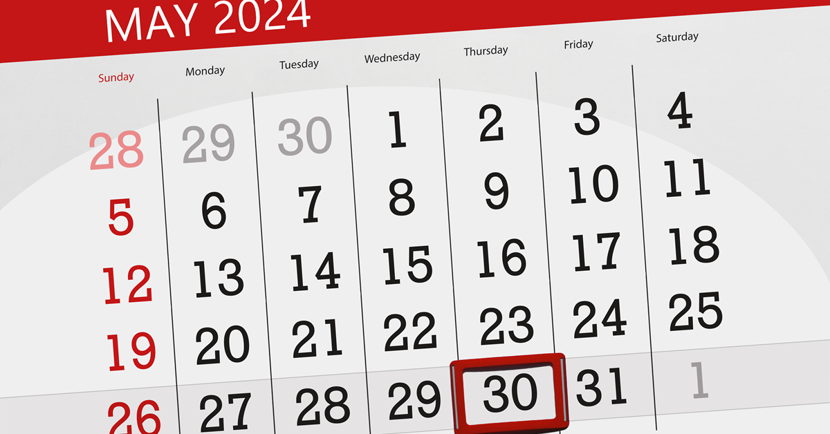 Thursday May 30th is highlighted on a calendar of May 2024