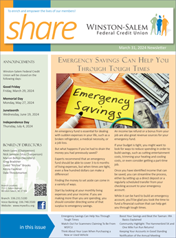 Cover of printer friendly edition of the March 31, 2024 edition of the WSFCU Share newsletter